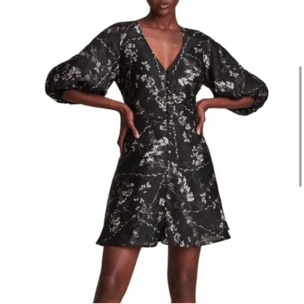 ALL SAINTS Llora Freya Linen Silk Blend Dress Puff Sleeve Tie Waist Cottagegore